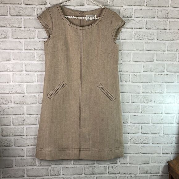 Karin Stevens Dress Cap Sleeve Tan with Zip Pockets Scoop Neck Size 10 - Picture 8 of 8